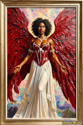 A red corset on a winged Black woman with open hands before colorful clouds