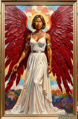 A woman with wings stands in a white gown, framed by deep red feathers and bright yellow eyes