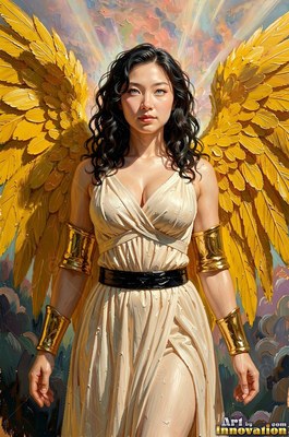 Standing front, a winged woman in a beige dress against clouds