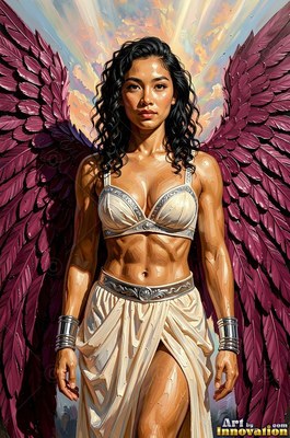 A muscular woman with dark curly hair spreads large purple wings under soft sunlight