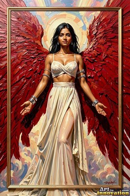 In a golden frame, a dark-haired woman with wings stands in a cream dress with red wings
