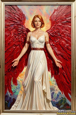 Standing with open hands, a winged woman wears a white dress and red feathers
