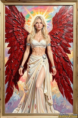 Blonde woman with red feathered wings in a white dress