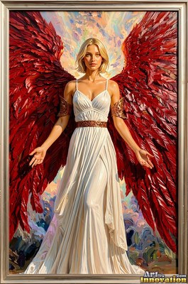 A white draped gown wraps a blond woman with deep red wings standing in front of clouds