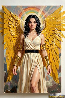 A woman with wings stands forward in a white dress under a bright rainbow halo