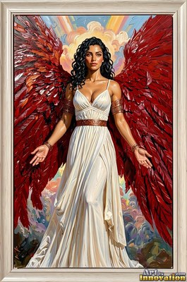 Standing front and center in the sky, a winged woman in a plain white dress opens her hands