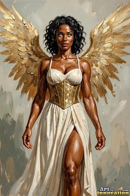 A muscular Black woman with gold wings stands in a plain white dress and corset