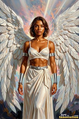 Under a sunset sky, a winged woman stands in a white top and skirt