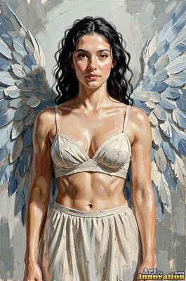 Standing forward, a dark-haired woman has light blue feathered wings and a white top