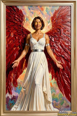 A winged woman in a white gown with red wings outstretched