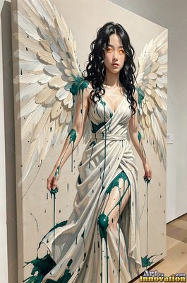 Dripping dark green paint covers a winged woman dressed in a white dress in a gallery