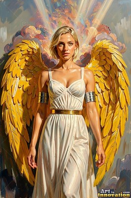 A blonde woman stands forward with bright yellow wings under rays of warm sunlight