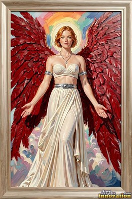 Standing facing forward in soft clouds, a woman spreads red feathered wings