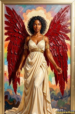 A Black woman with large red wings stands in an ivory dress before clouds