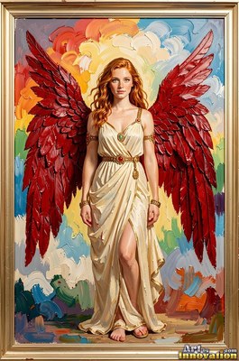 Before colorful clouds, a red-woman with wings stands in a cream dress