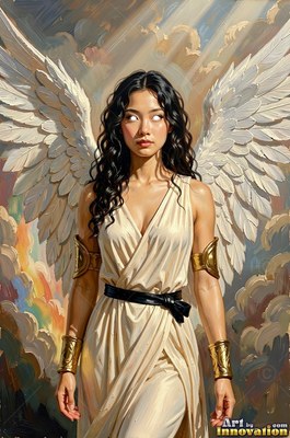 Standing under sunlight, a winged woman wears a cream robe and gold cuffs