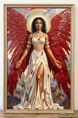 A winged woman in a simple white dress with red feathers spread out