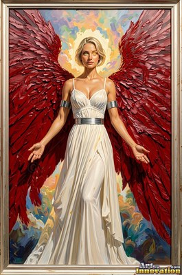 A blonde woman in a plain white dress with red wings stands against a painted sky with soft clouds