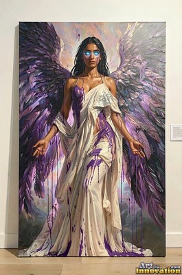 A woman with wings stands with open hands as purple paint drips down her dress
