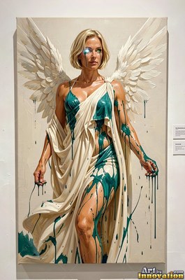 Standing against a plain wall, a winged woman drips with teal paint