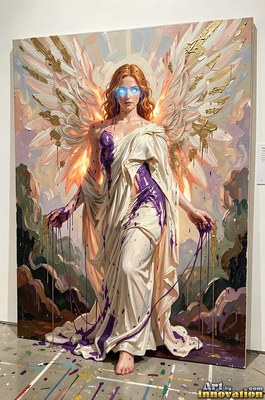 A winged woman in a draped white robe stands with bright blue eyes dripping purple paint