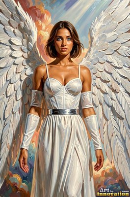 Before pastel clouds, a woman with wings stands in a white dress and arm sleeves