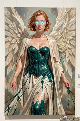 Standing with white wings, a woman in a green corset has bright blue eyes
