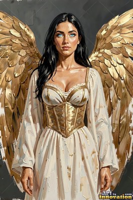 A dark-haired winged woman wearing a simple white dress and gold corset