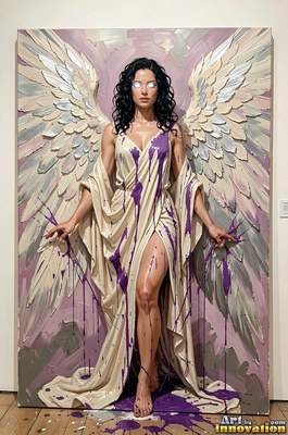 Purple paint drips down the white robe of a winged woman standing in a gallery room