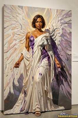A winged woman stands in a draped gown splashed with bright purple paint