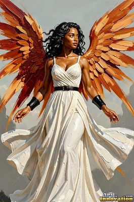 Standing before a pale sky, a woman with orange wings wears a pale white dress