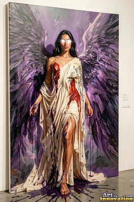 A woman with purple wings stands in a draped dress dripping with dark paint