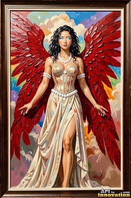 Against a rainbow sky, a winged woman is standing in a pale dress with red wings