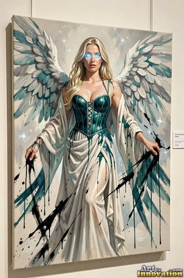 Standing with pale wings spread, a blond woman wears a teal corset and white robes