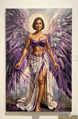 Winged woman dressed in a white skirt dripping with purple paint