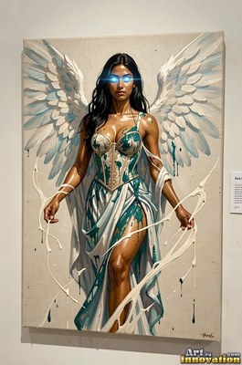 Dripping teal corset on a winged woman with bright blue eyes in an empty studio space