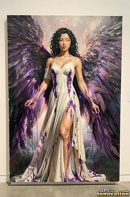 A winged woman stands in a white gown dripping with dark purple paint
