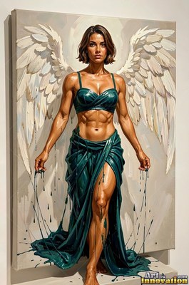 Standing straight forward on a white canvas, a winged woman in a dark green dress dripping paint