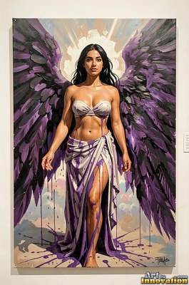 A woman with purple wings stands in a draped dress splashed with paint