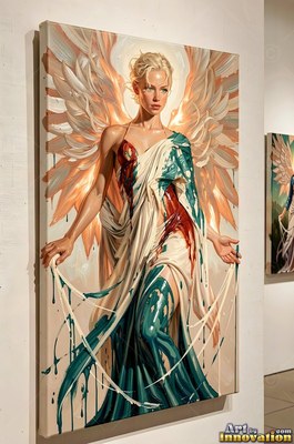 On a gallery wall, a winged blonde woman poses in a draped dress covered in dripping paint