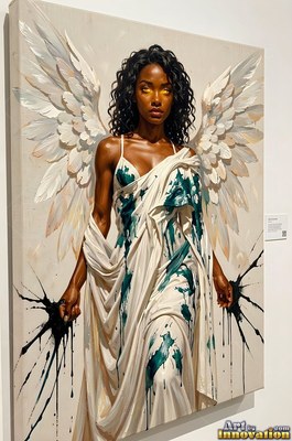 Standing with white wings, a winged woman wears a paint-splattered plain white dress