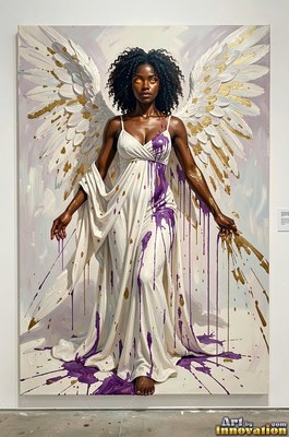 Winged Black woman in a plain white dress dripped with purple paint