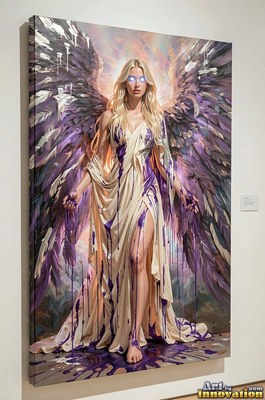 Purple paint dripping down her cream dress, a woman with wings stands before soft clouds