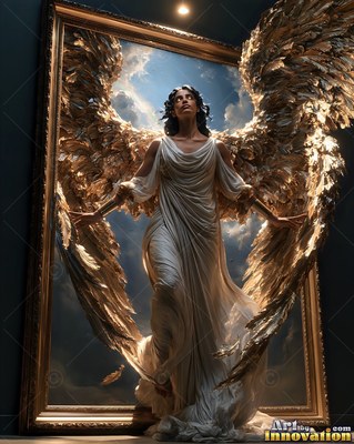 A winged woman steps out from a frame with warm golden light on her dress