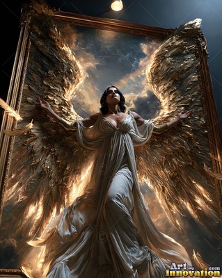 Arms outstretched, a winged woman steps out of a large gold frame into a dark room