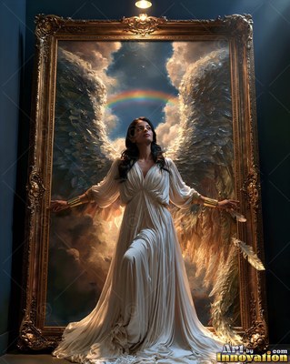 A winged woman dressed in a simple white dress steps out of a gold picture frame under a rainbow
