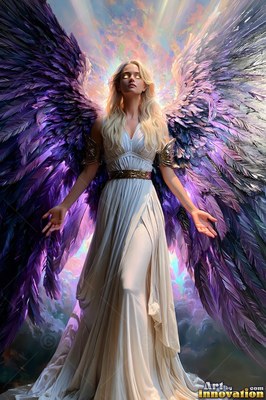 Standing with open hands, a blonde woman in a white dress spreads purple wings