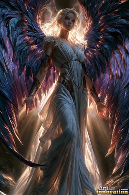 Blonde woman dressed in a white dress with dark blue wings