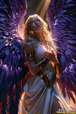 A winged woman in a draped white gown looks up into sunlight under purple wings