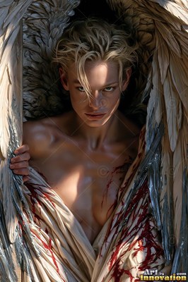Leaning forward in a dark space, a blond winged woman holds her red-stained robe